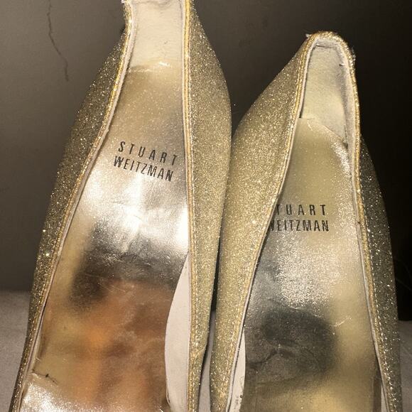 Stuart Weitzman Dagger Sabbia Gold Glitter Metal Stiletto Heels Pumps Size 8.5 - Picture 10 of 12